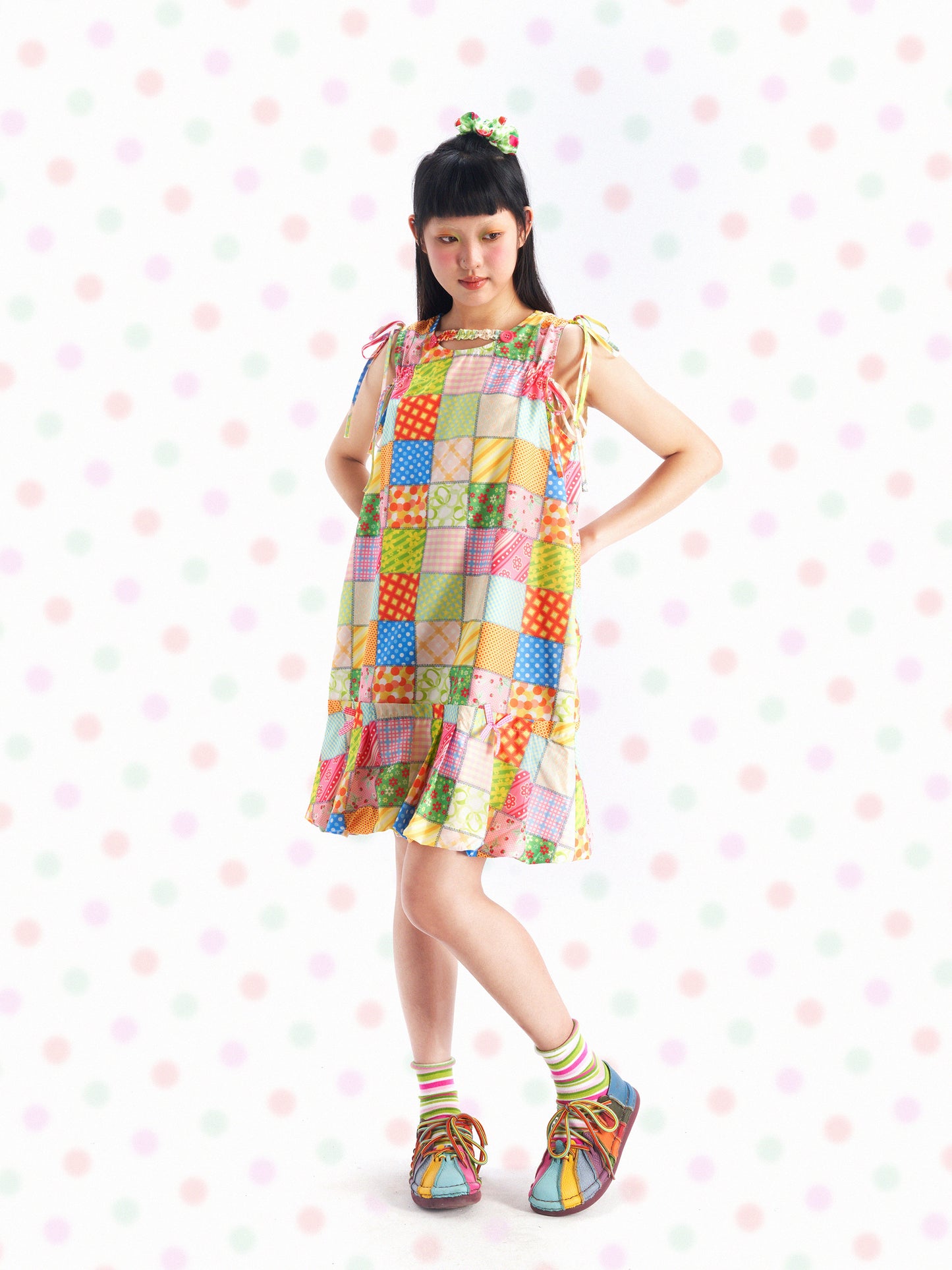 FRUITS Patchwork Dress | Puff Sleeve Dress dress Fruits