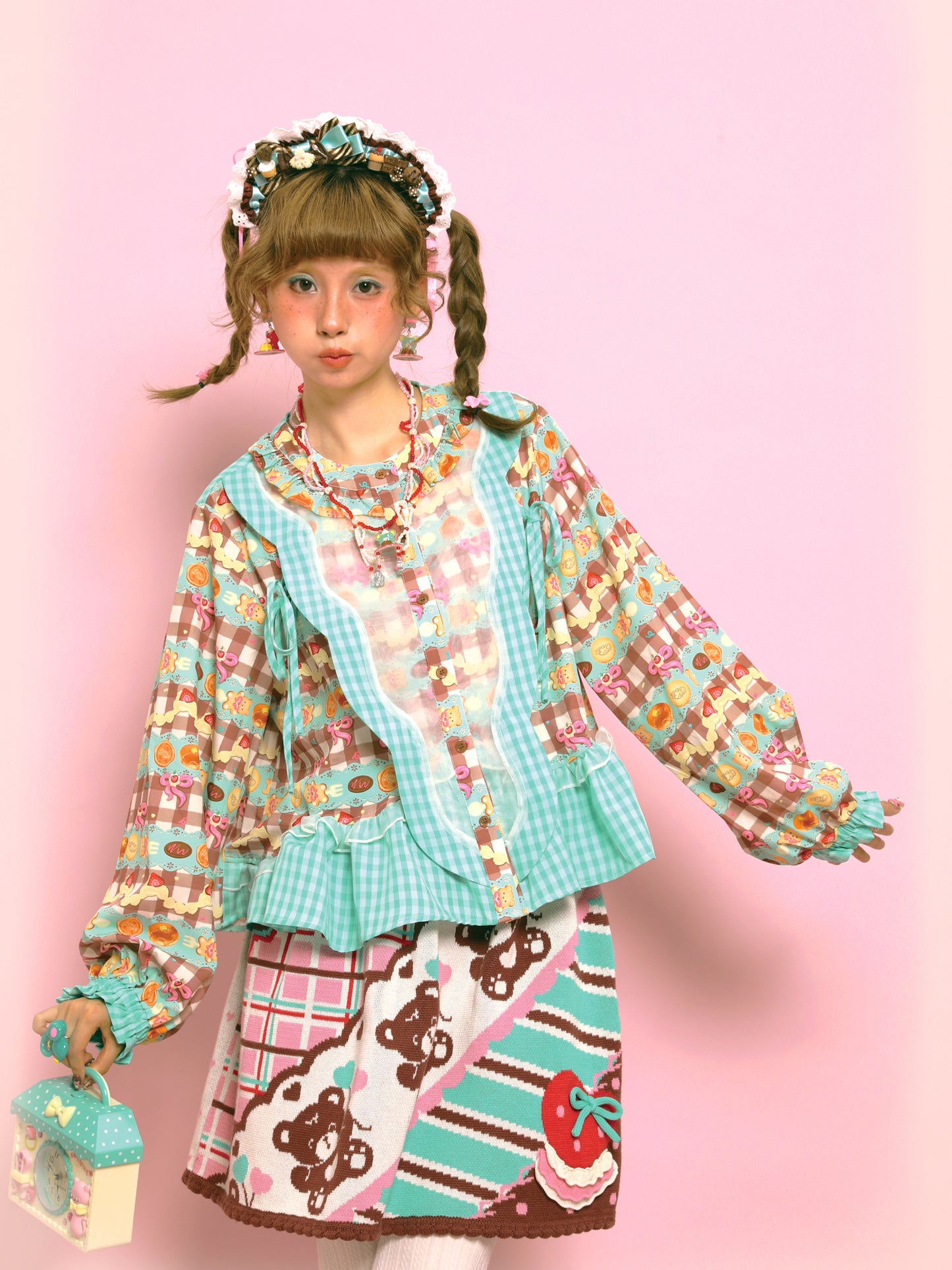 Lutra Jump - Kawaii Blouse Plaid Print Lace Ribbon Detail blouse Lutra Jump