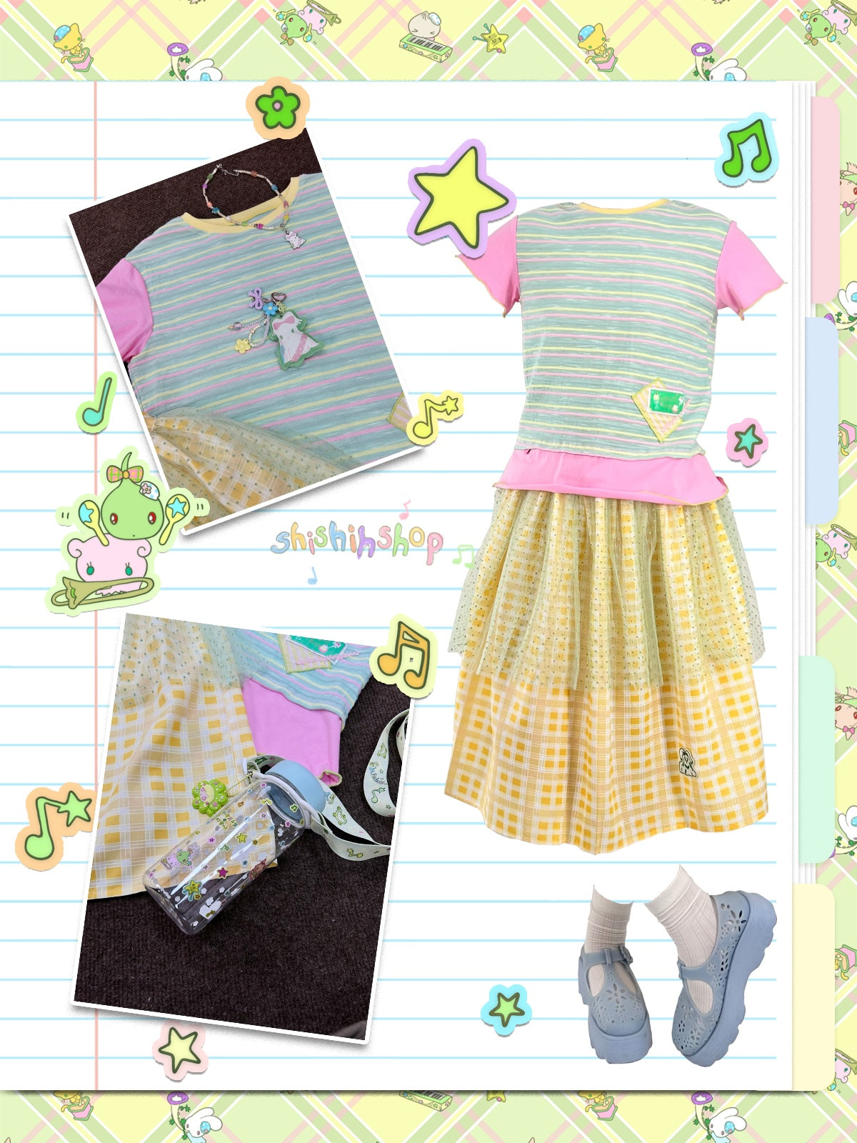 shishihshop – Kawaii Mesh Skirt with Gingham & Polka Dot Layers skirt shishihshop