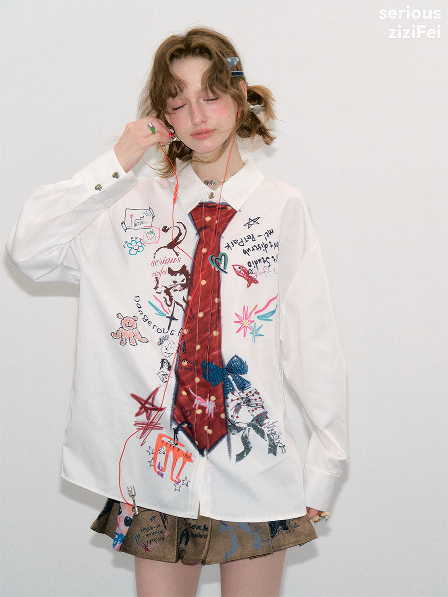 ziziFei - White Graffiti Tie Print Oversized Shirt shirt ziziFei