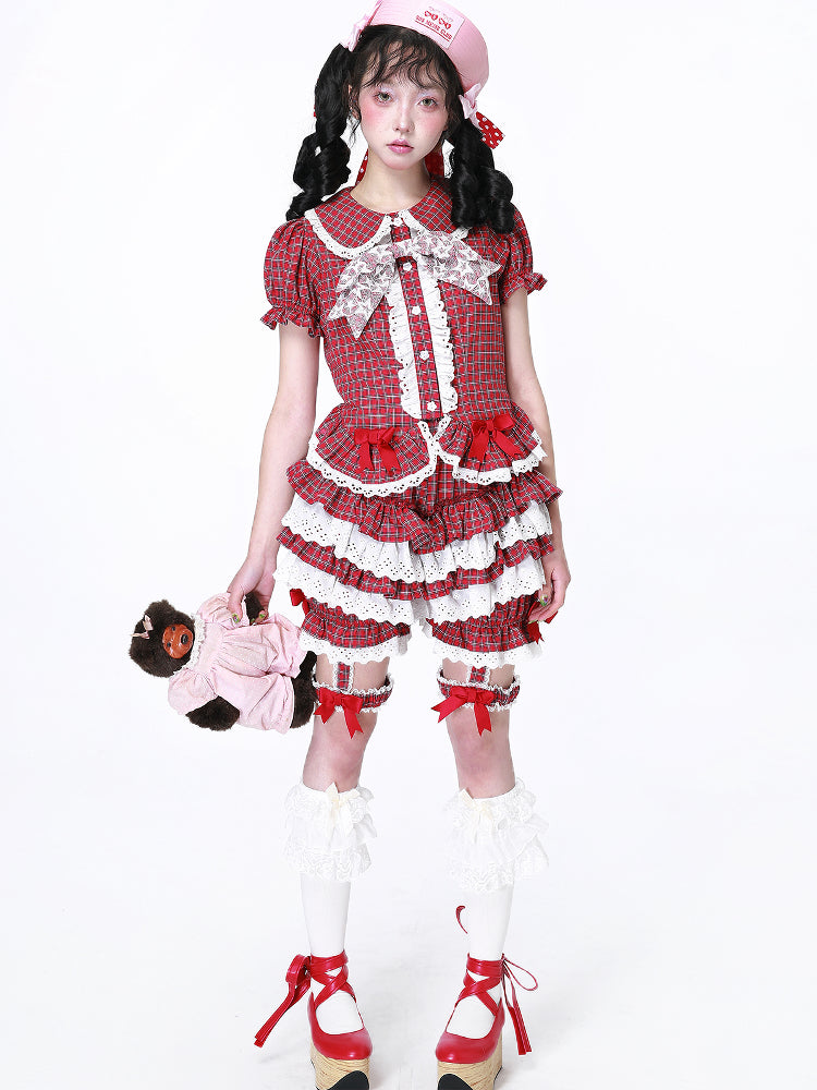 SOS MEME CLUB - Showa Red Plaid Pumpkin Shorts shorts SOS MEME CLUB