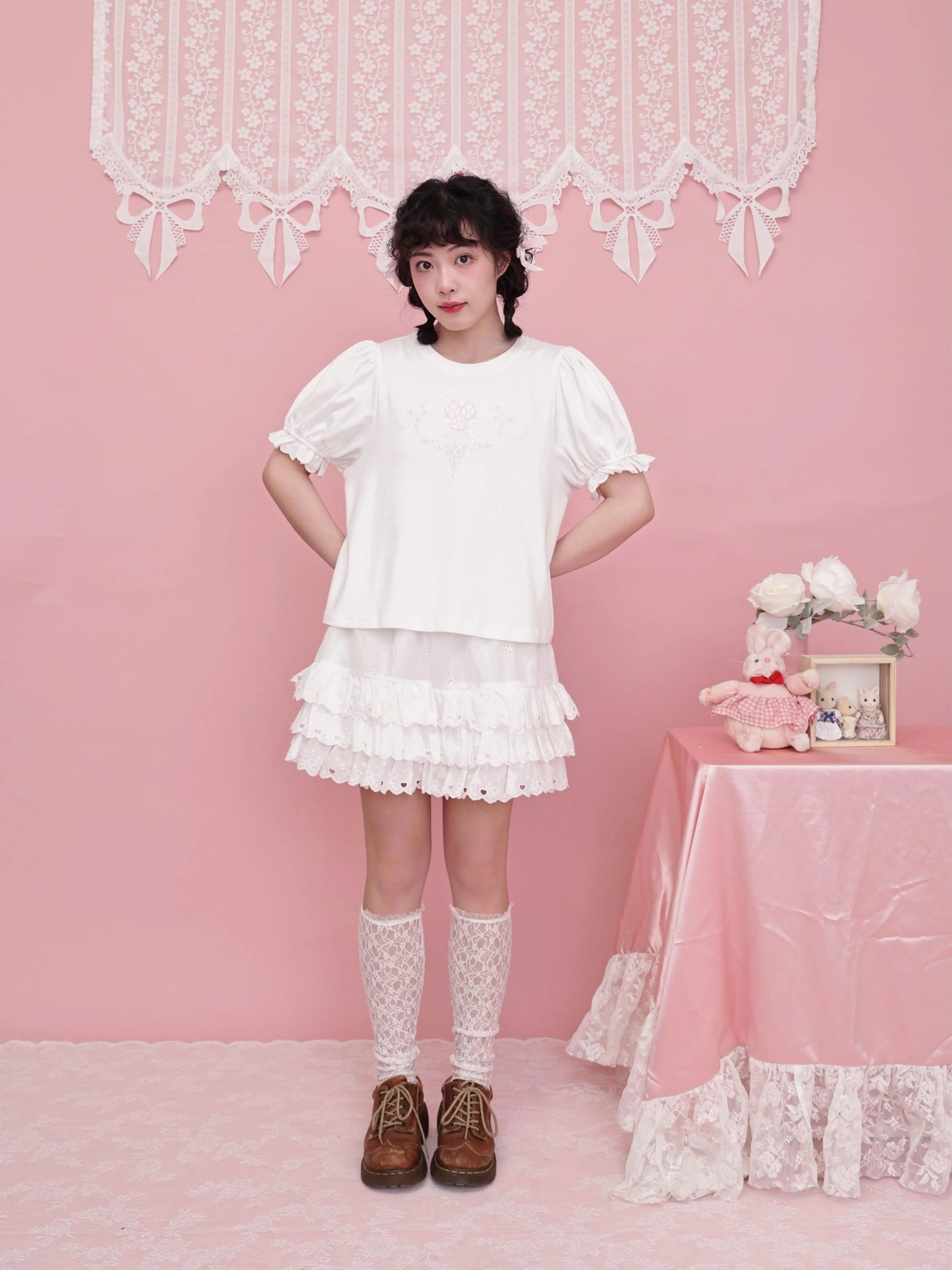 SemenCoicis – French Coquette Lace Bow Tiered Cotton Mini Skirt skirt SemenCoicis