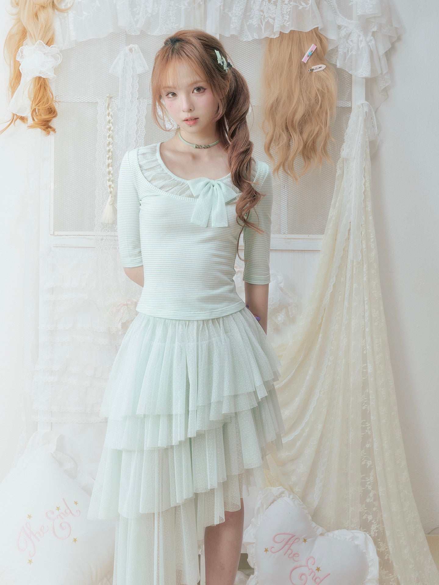 SOS SEAMSTRESS - Mint Mesh Bow Stripe Top shirt SOS SEAMSTRESS
