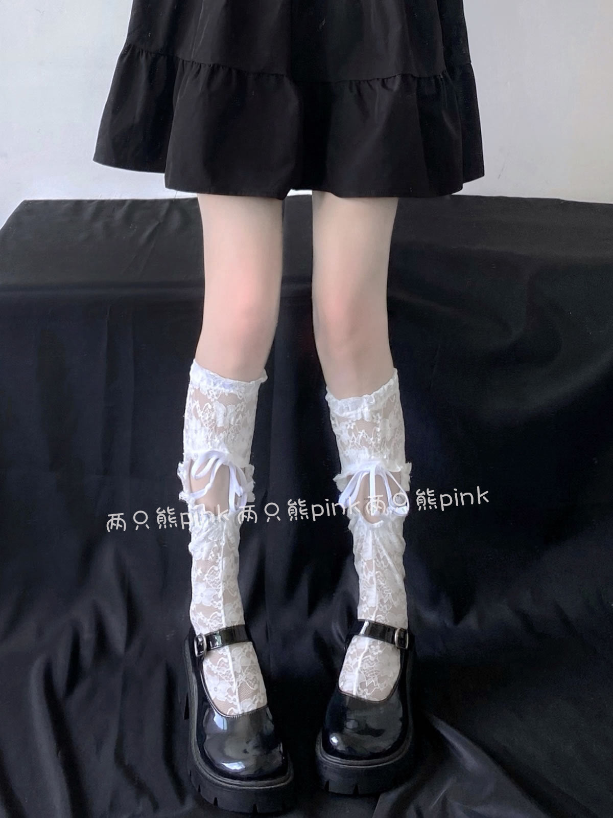 2 bears White Lace Calf Socks | Drawstring Hollow-Out Ribbon Socks sock 2 bears