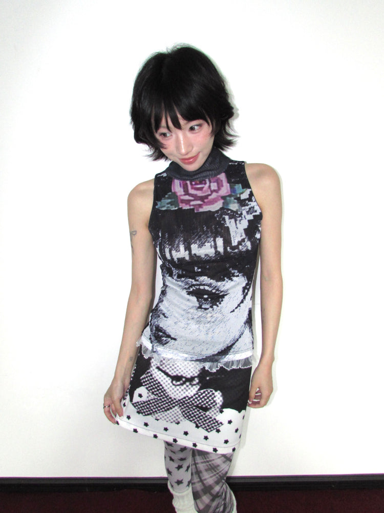 OurHappy Manga Girl Top | Double-Layer Mesh Sleeveless Top | Black & White High-Neck Vest vest Our Happy