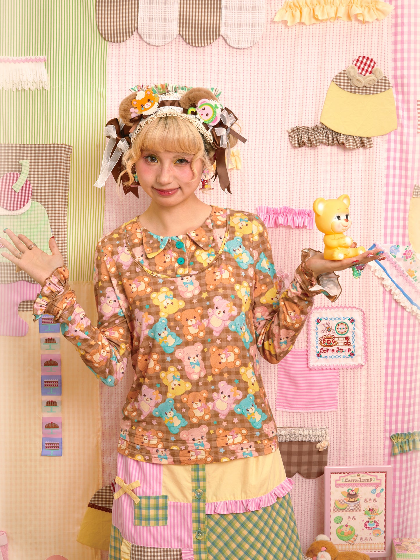 Lutra Jump - Decora Kei Bear Print Layered Long Sleeve Top shirt Lutra Jump