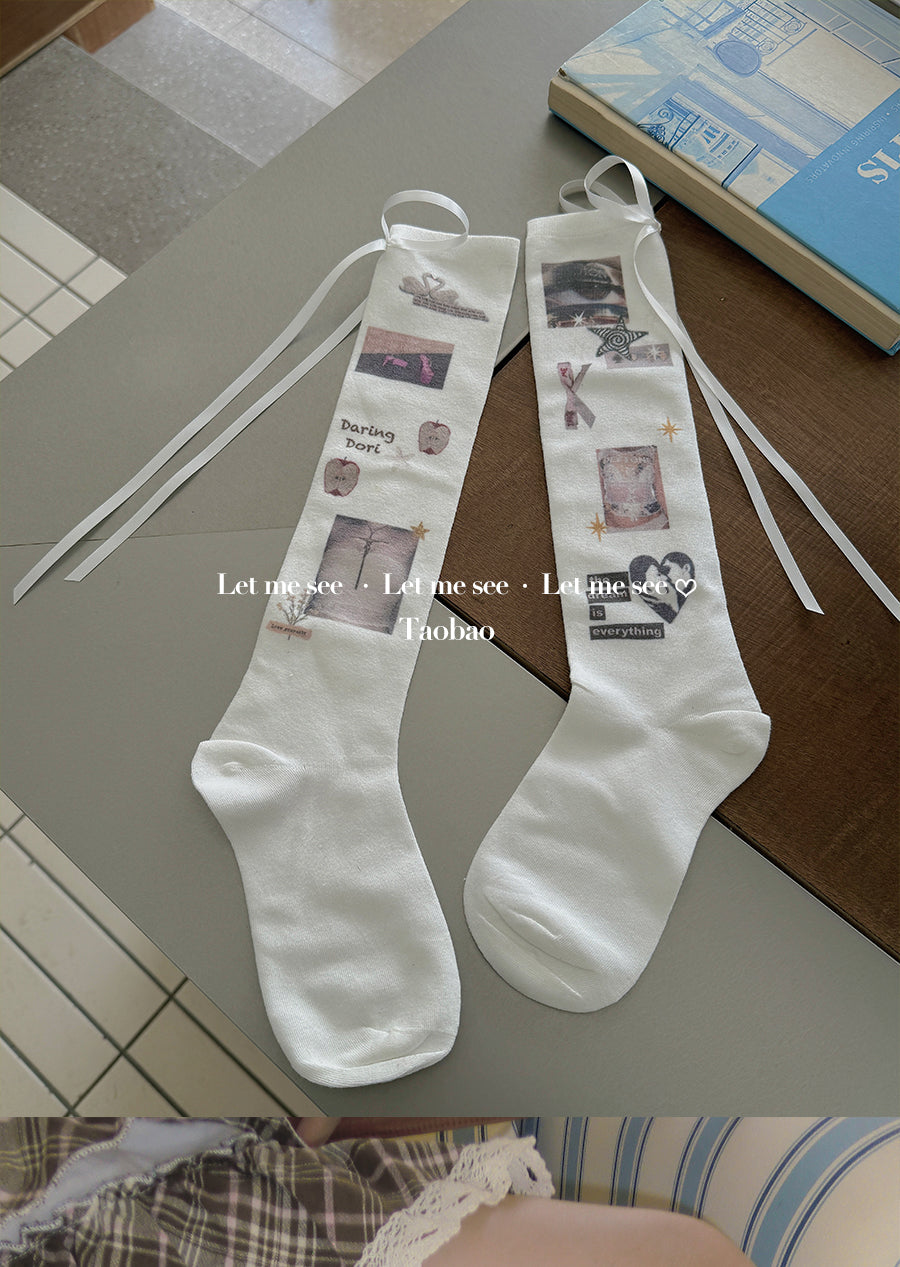 LET ME SEE Kawaii Bow Socks | Harajuku Cotton Printed Calf Socks socks let me see
