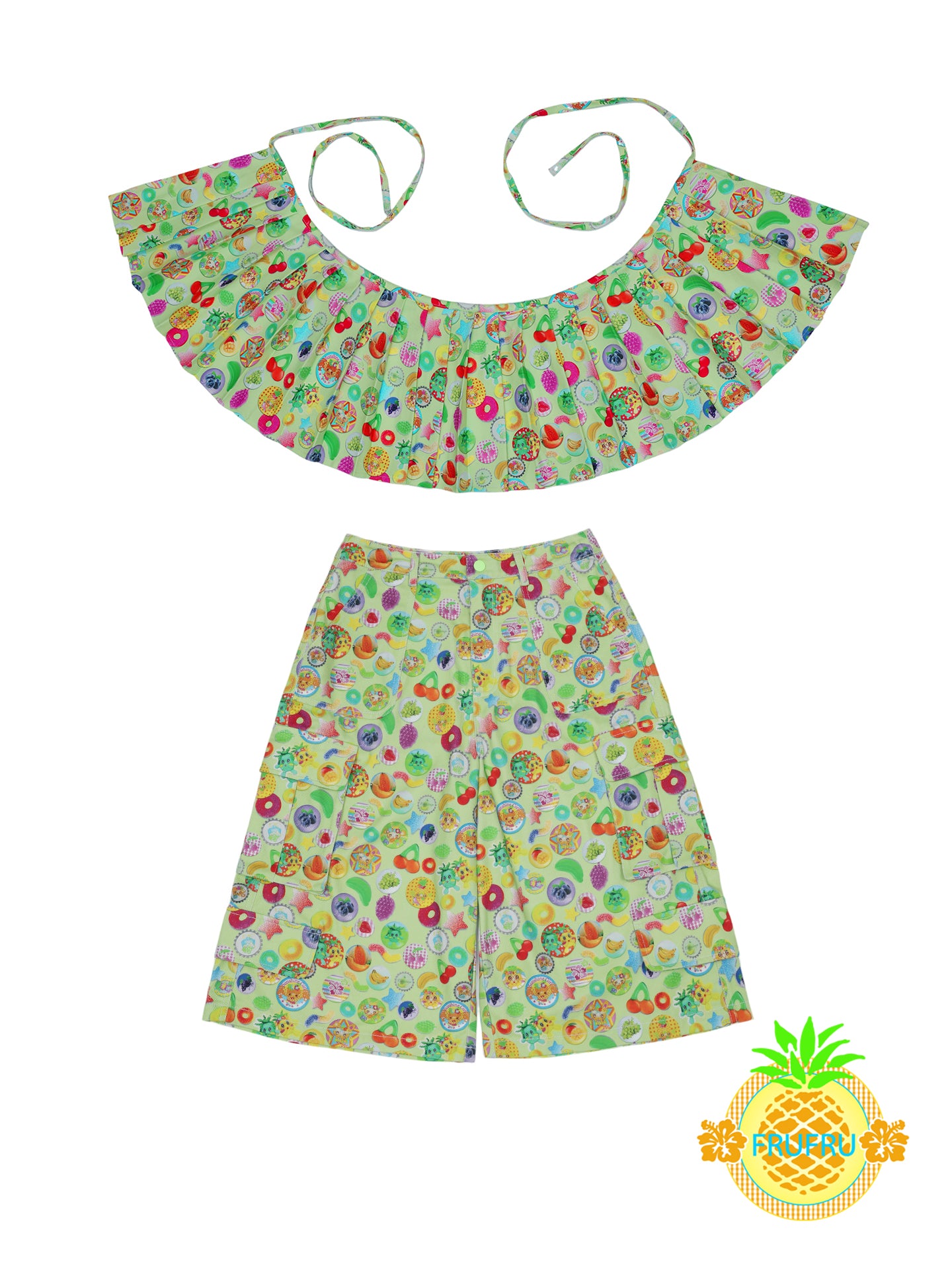 Frufru Vintage Badge Print Pleated Overlay Culottes | Two-Piece Look Shorts Skirt pants frufru Pants only S
