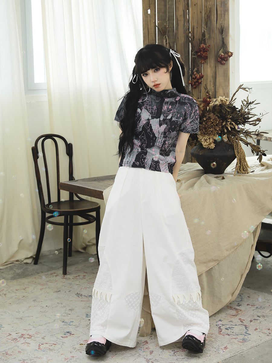 Harajuku T-Shirt Maid Pattern Prints T-Shirt Gothic Girly T-Shirt Pleated Half-Sleeve T-Shirt tshirt Meugler