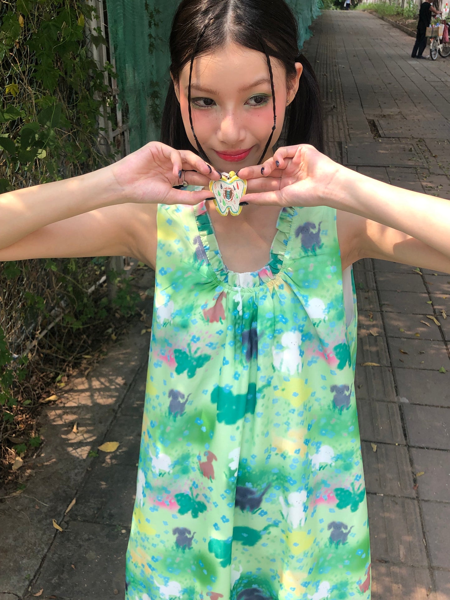 Harajuku Dress Green Sleeveless Dress Hand-painted Print Dress dress Moon Meadow
