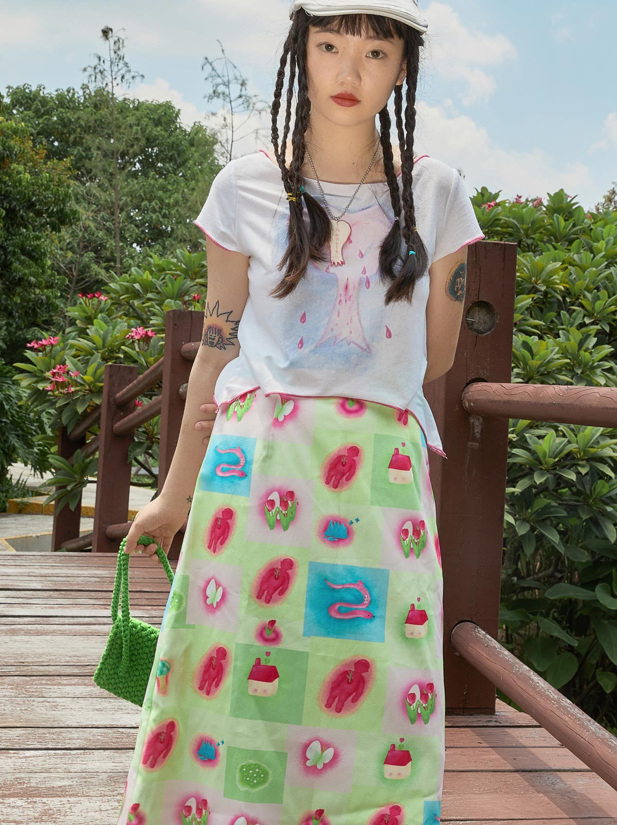 Harajuku Skirt Green A-line Skirt Hand-painted Skirt Midi Skirt skirt Moon Meadow