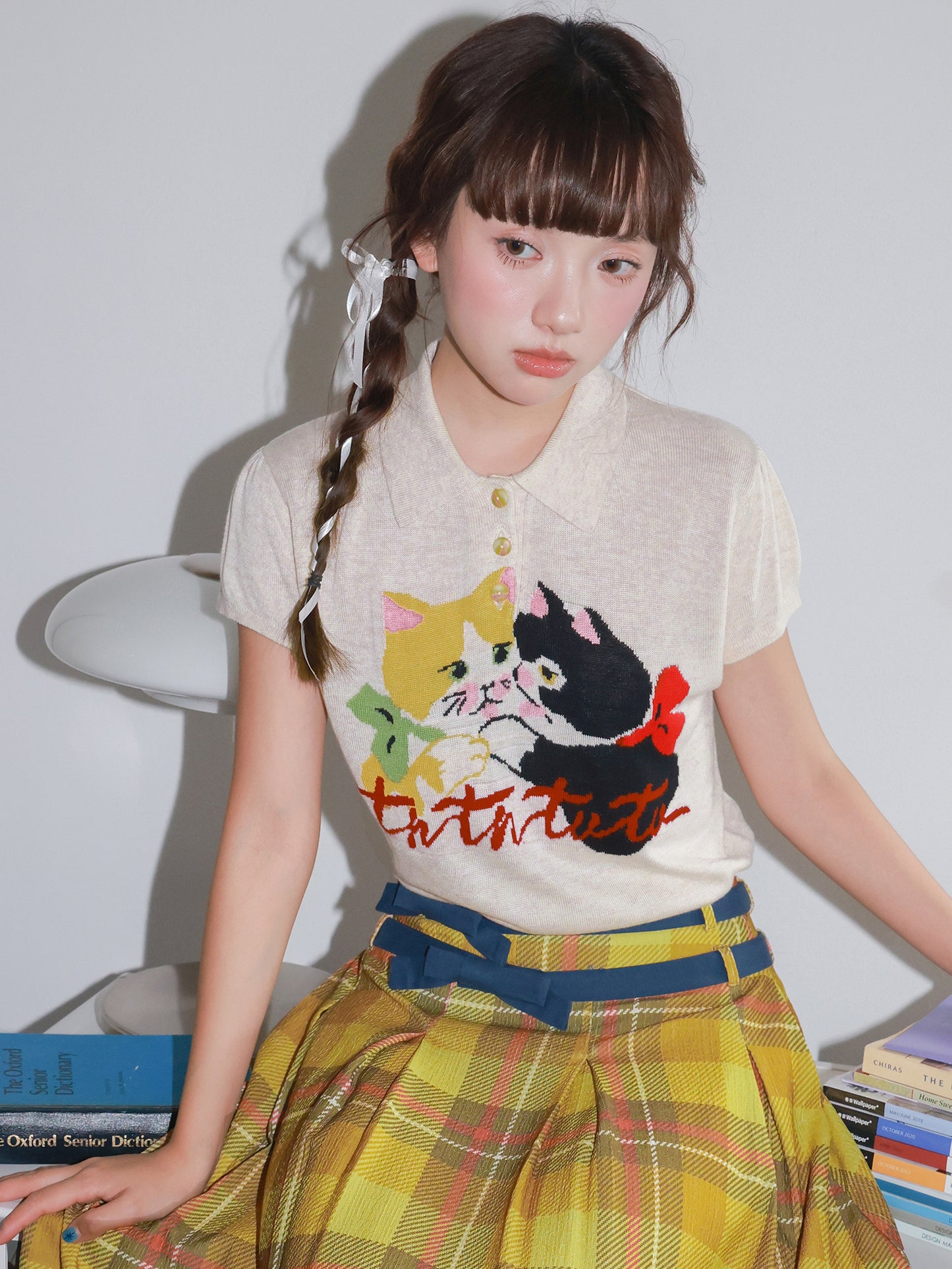 Tntntutu - Kawaii Red White Cat Knit Polo Shirt shirt tntntutu