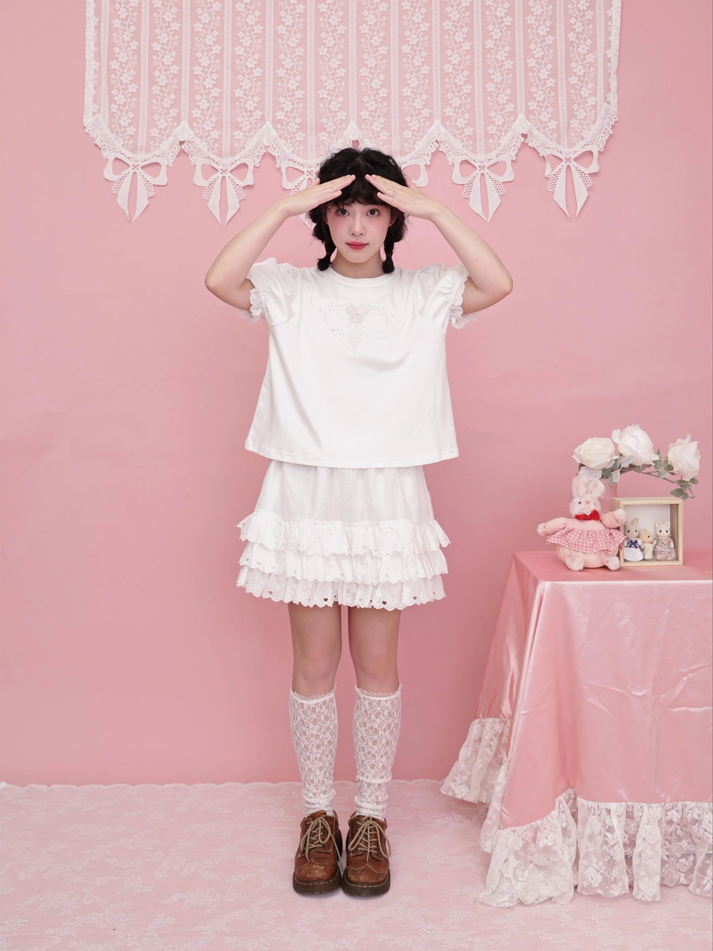 SemenCoicis – French Coquette Lace Bow Tiered Cotton Mini Skirt skirt SemenCoicis