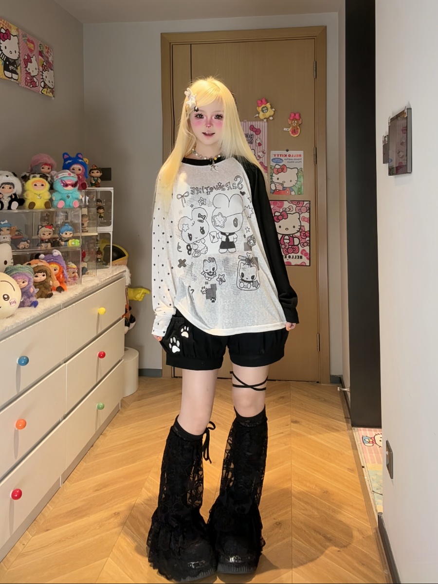 Cute Lin Raglan Sleeve Graphic Top | Kawaii Loose-Fit Summer Shirt shirt cute lin Black S