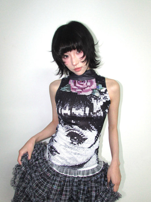 OurHappy Manga Girl Top | Double-Layer Mesh Sleeveless Top | Black & White High-Neck Vest vest Our Happy