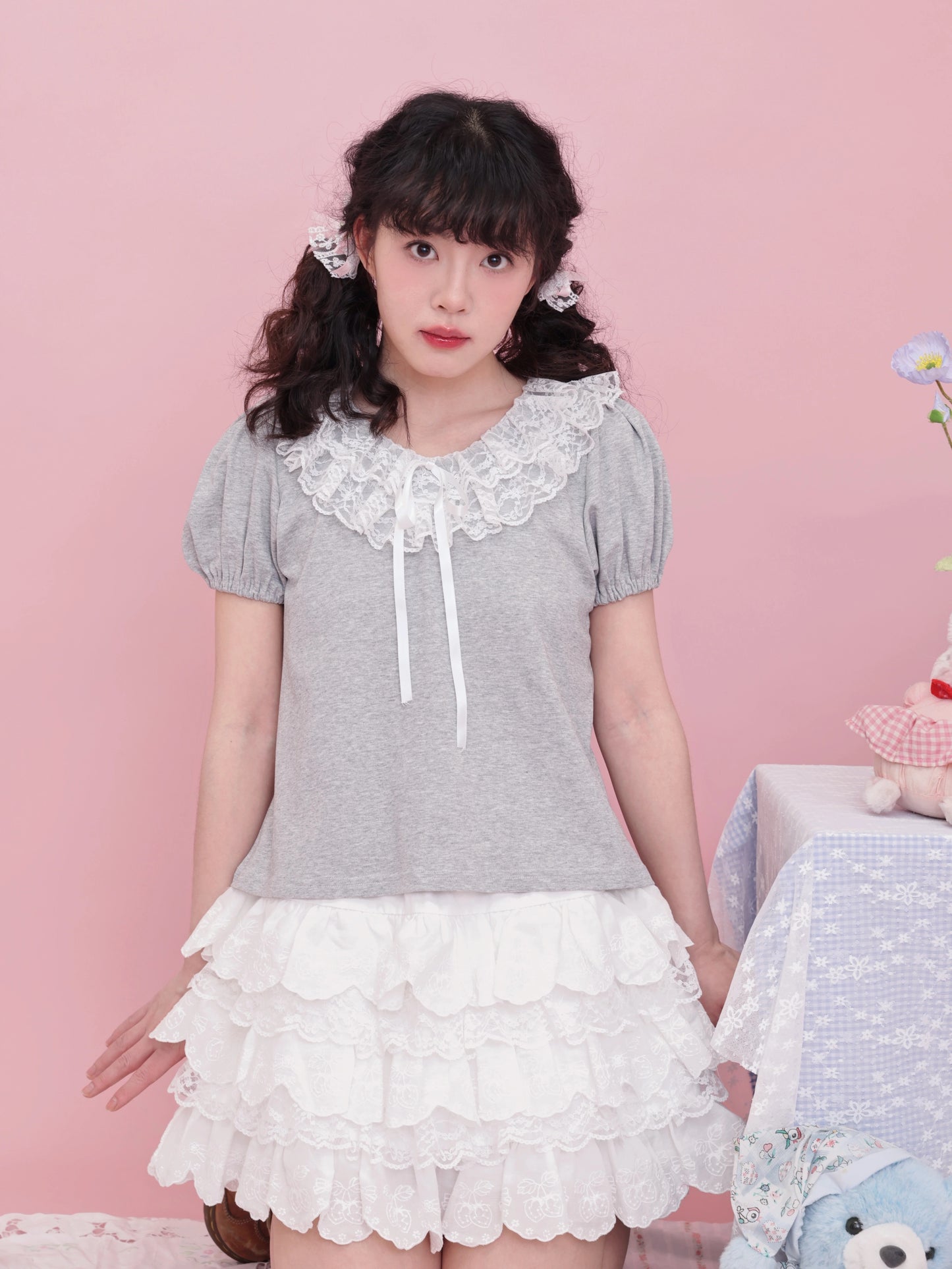 SemenCoicis Vintage Ruffle Collar Tee | Kawaii Puff Sleeve Cotton Top tshirt SemenCoicis