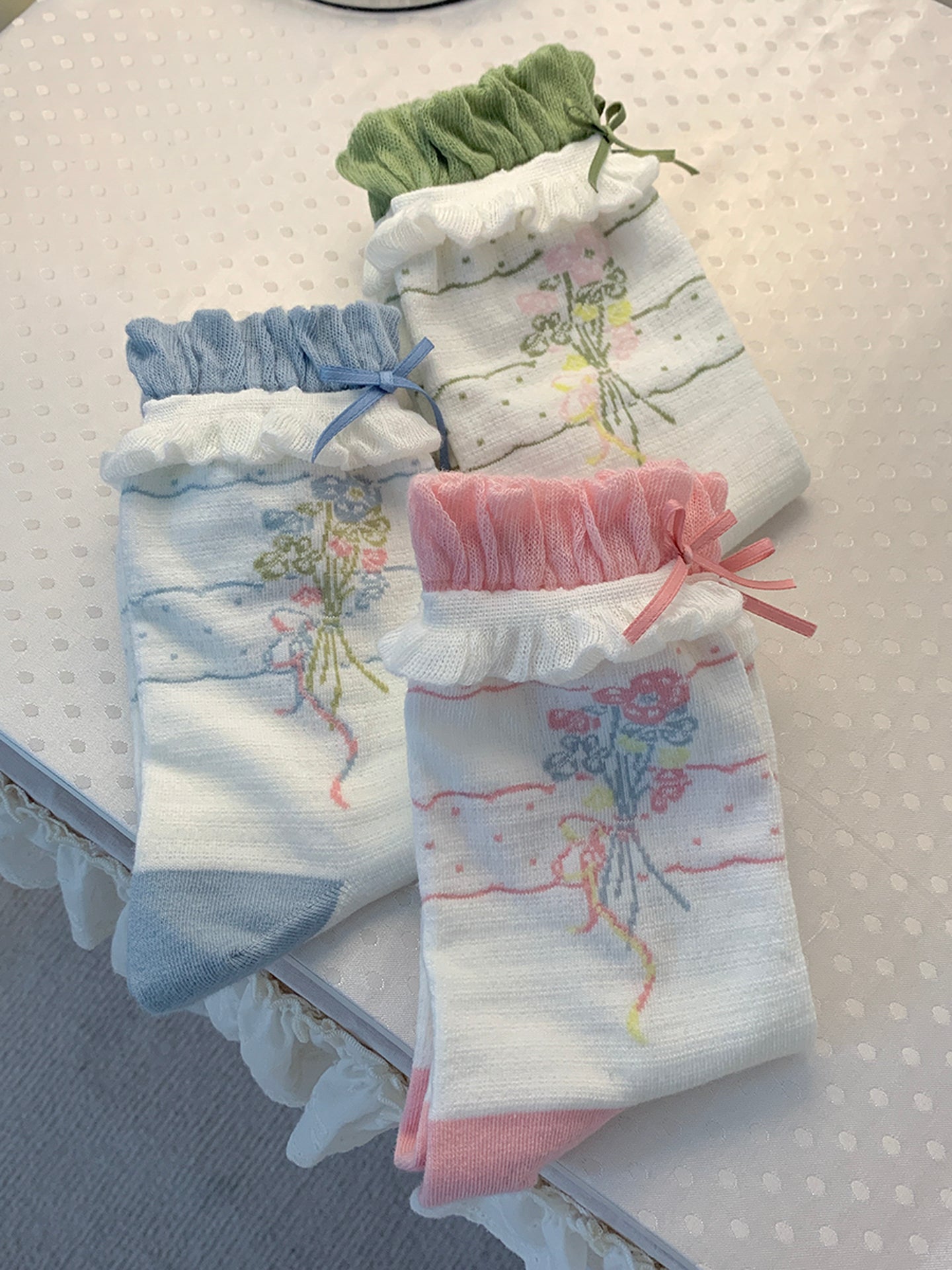 Roji Roji - Kawaii Floral Lace Bow Short Socks Breathable Cotton sock Roji Roji All 3 Pairs