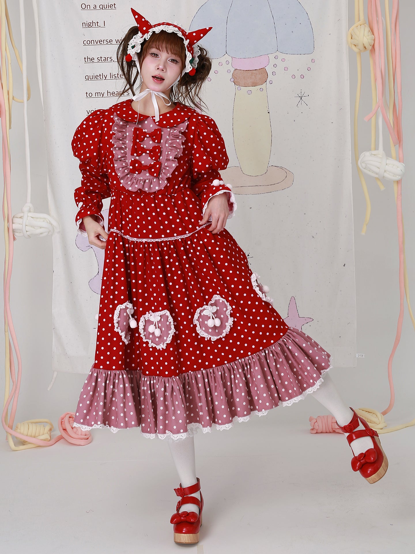 SOS MEME CLUB - Kawaii Red Polka Dot Christmas Dress Vintage Lolita Long Sleeve dress SOS MEME CLUB