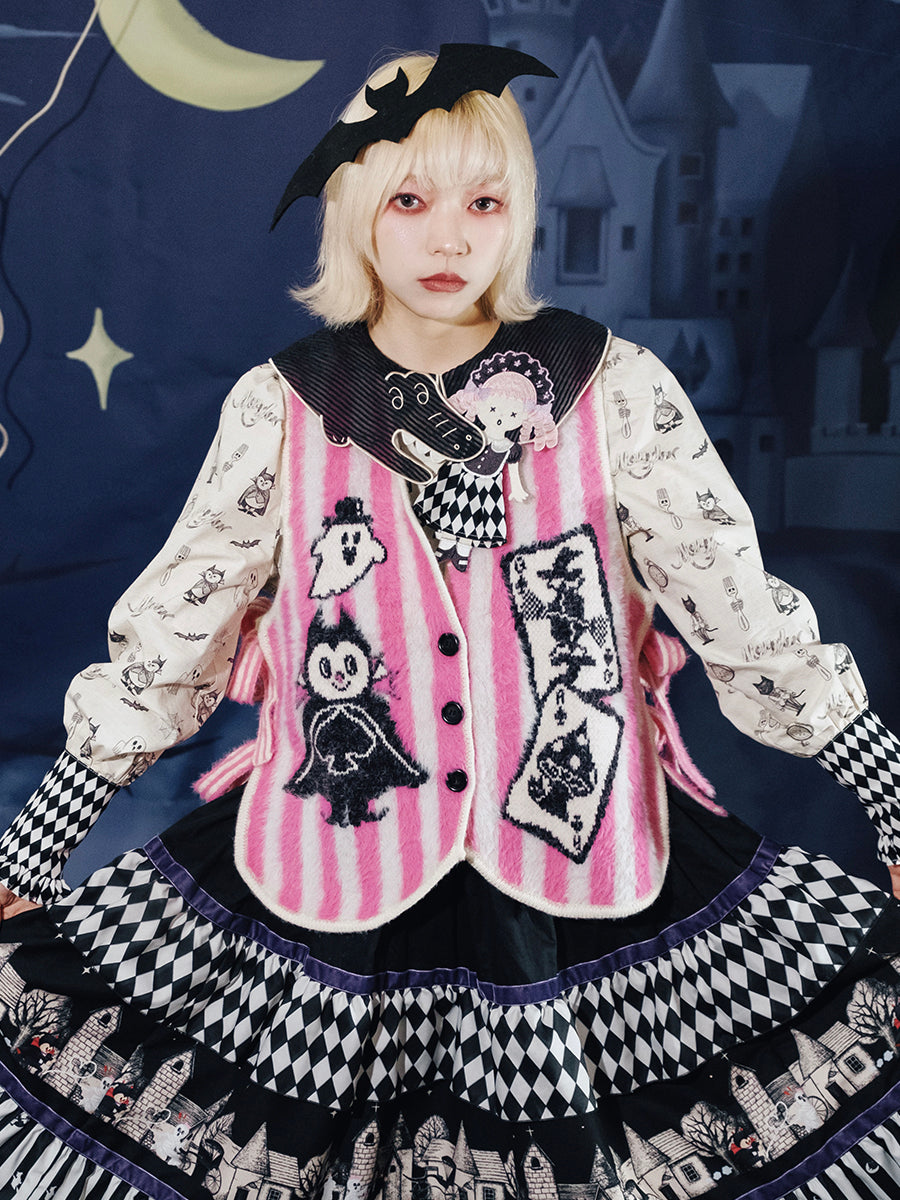 Harajuku Vest Poker Pattern Vest Pink-White Stripes Knitted Vest Dracula Ghost Pattern Vest vest Meugler