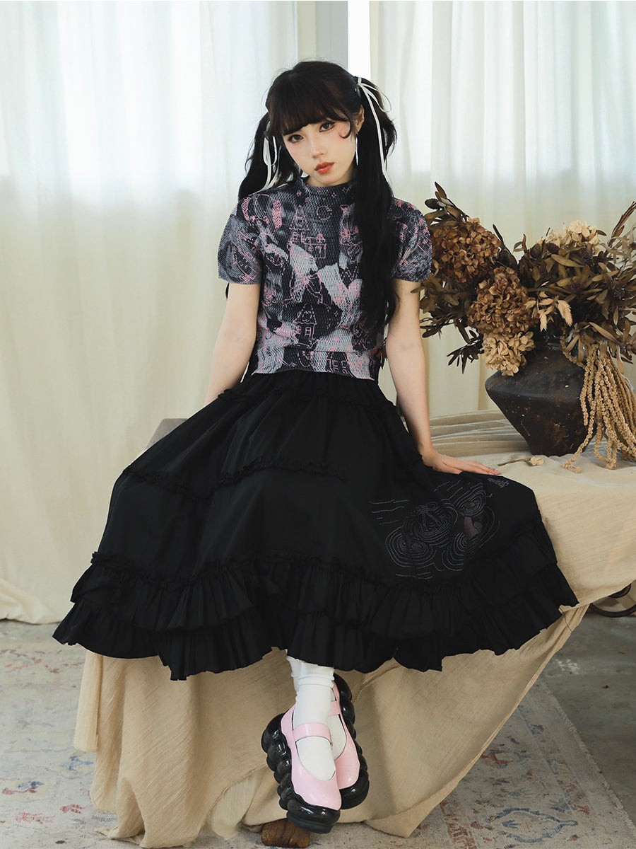 Harajuku T-Shirt Maid Pattern Prints T-Shirt Gothic Girly T-Shirt Pleated Half-Sleeve T-Shirt tshirt Meugler