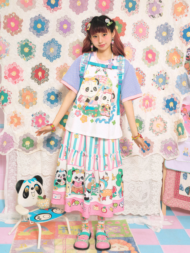 Lutra Jump Skirt Pink Green Striped Skirt Panda Cartoon Long Skirt skirt Lutra Jump