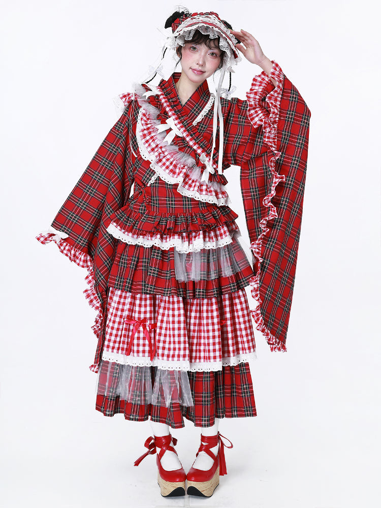 SOS MEME CLUB – Showa Red Plaid Modified Kimono Skirt skirt SOS MEME CLUB