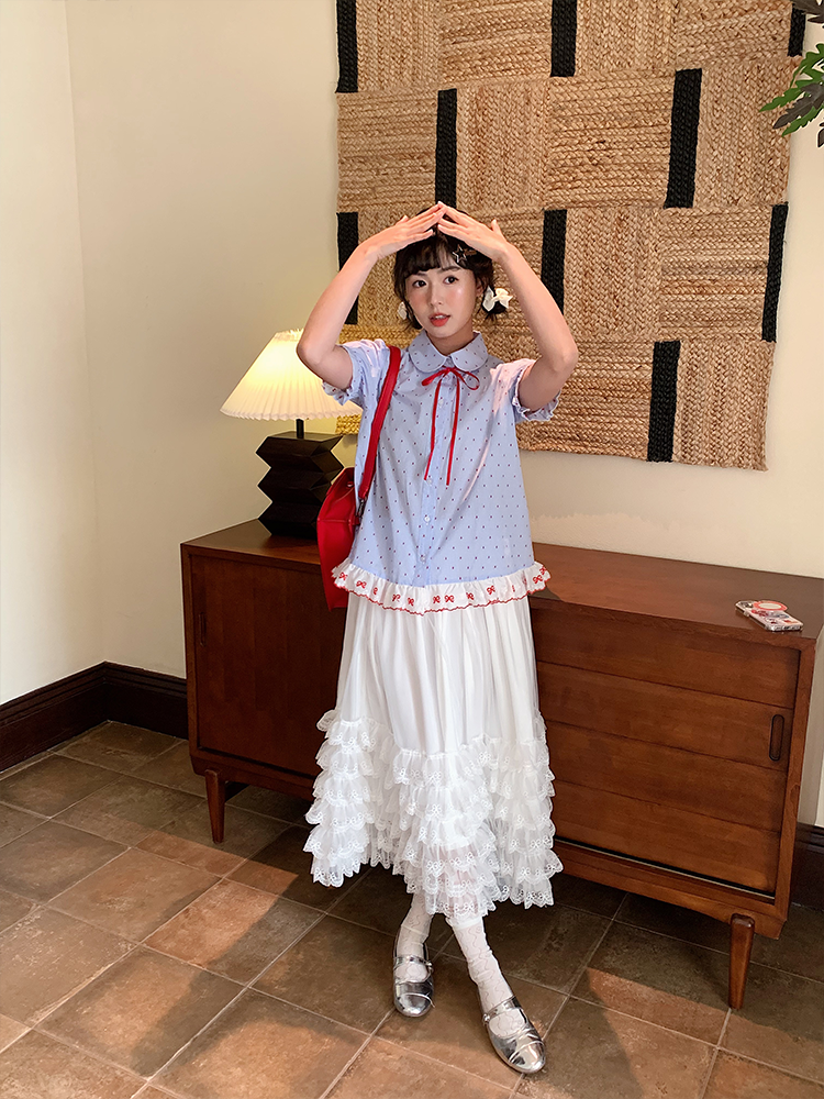 Mameya - Kawaii Lace Collar Blouse Blue Striped Ribbon Cotton shirt Mameya