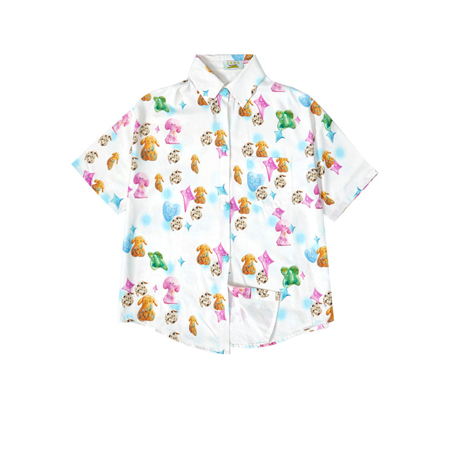 Harajuku Shirt White Dog Print Shirt Cute Summer Short Sleeve Shirt shirt Moon Meadow