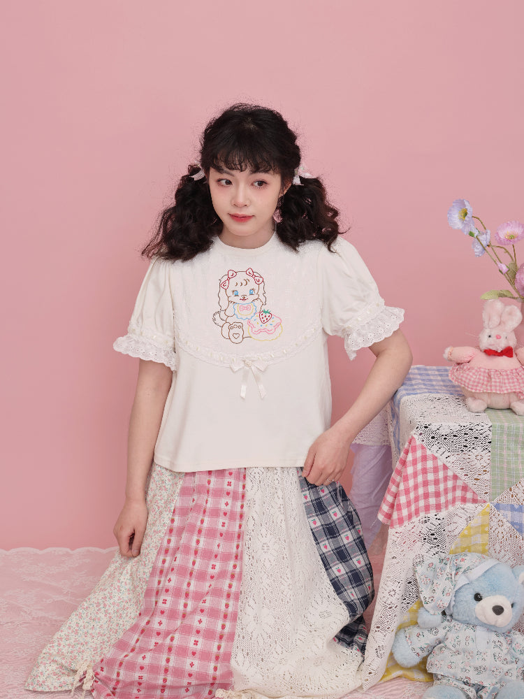 SemenCoicis T-shirt Sweet Girl T-shirt Embroidered Ribbon T-shirt tshirt SemenCoicis