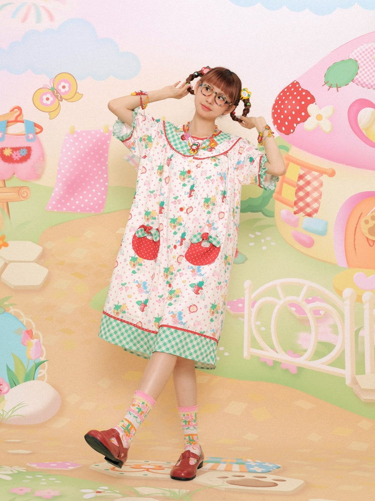 Lutra Jump Dress Strawberry Bear Dress Green Plaid Loose-Fit Dress dress Lutra Jump