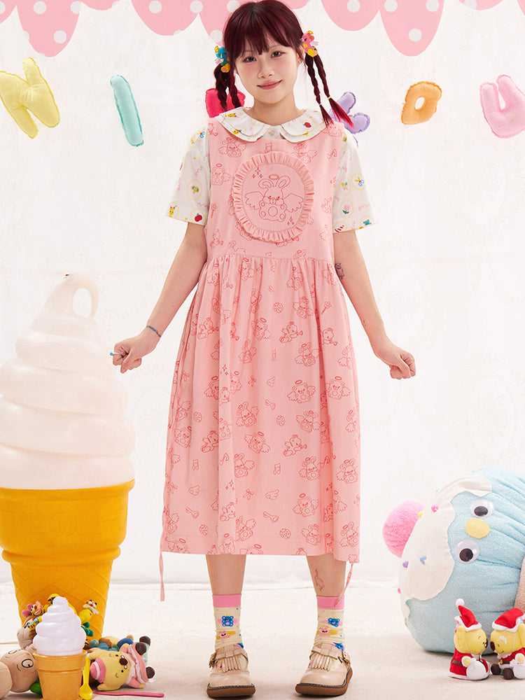 NIKKOU Pink & Red Sleeveless Jumper Dress | Harajuku Embroidered Dress dress Nikkou home Pink S