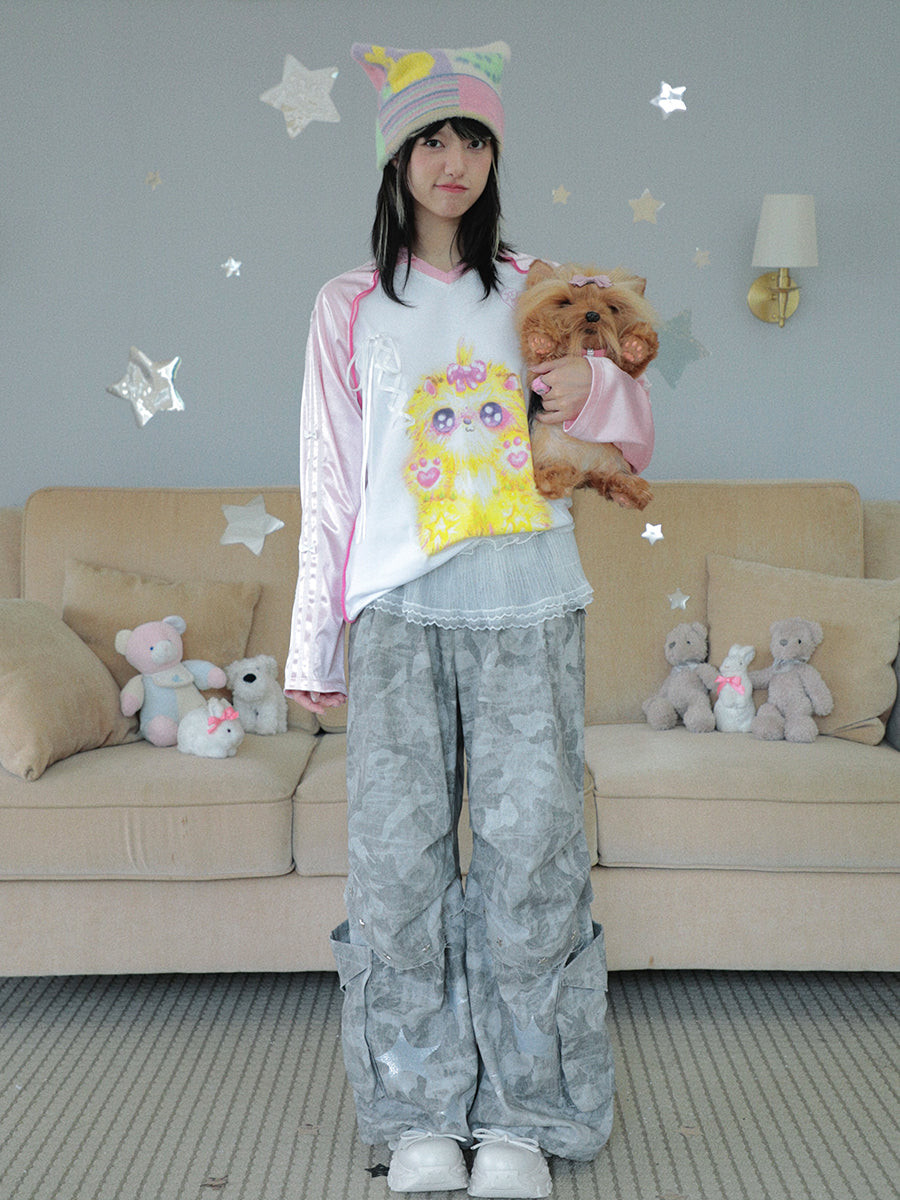 Hashtag DDD - Y2K Oversized Polo Shih Tzu Print Jersey shirt Hashtag DDD