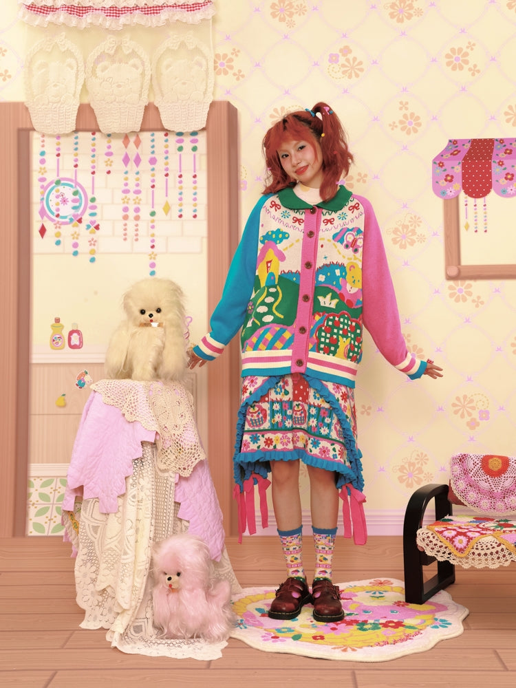 Lutra Jump Cardigan Cartoon Retro Cardigan Color-Blocked Collar Knitted Sweater cardigan Lutra Jump