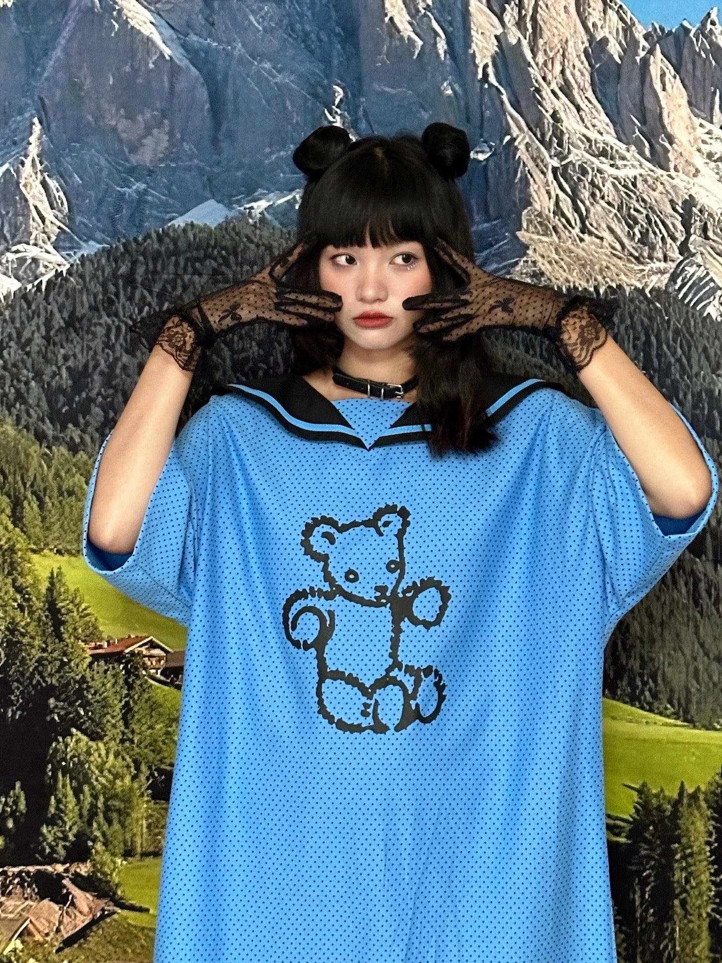 BunnyBunnyGun - Oversize T Dress Blue Polka Dot Sailor Collar dress bunnybunnygun