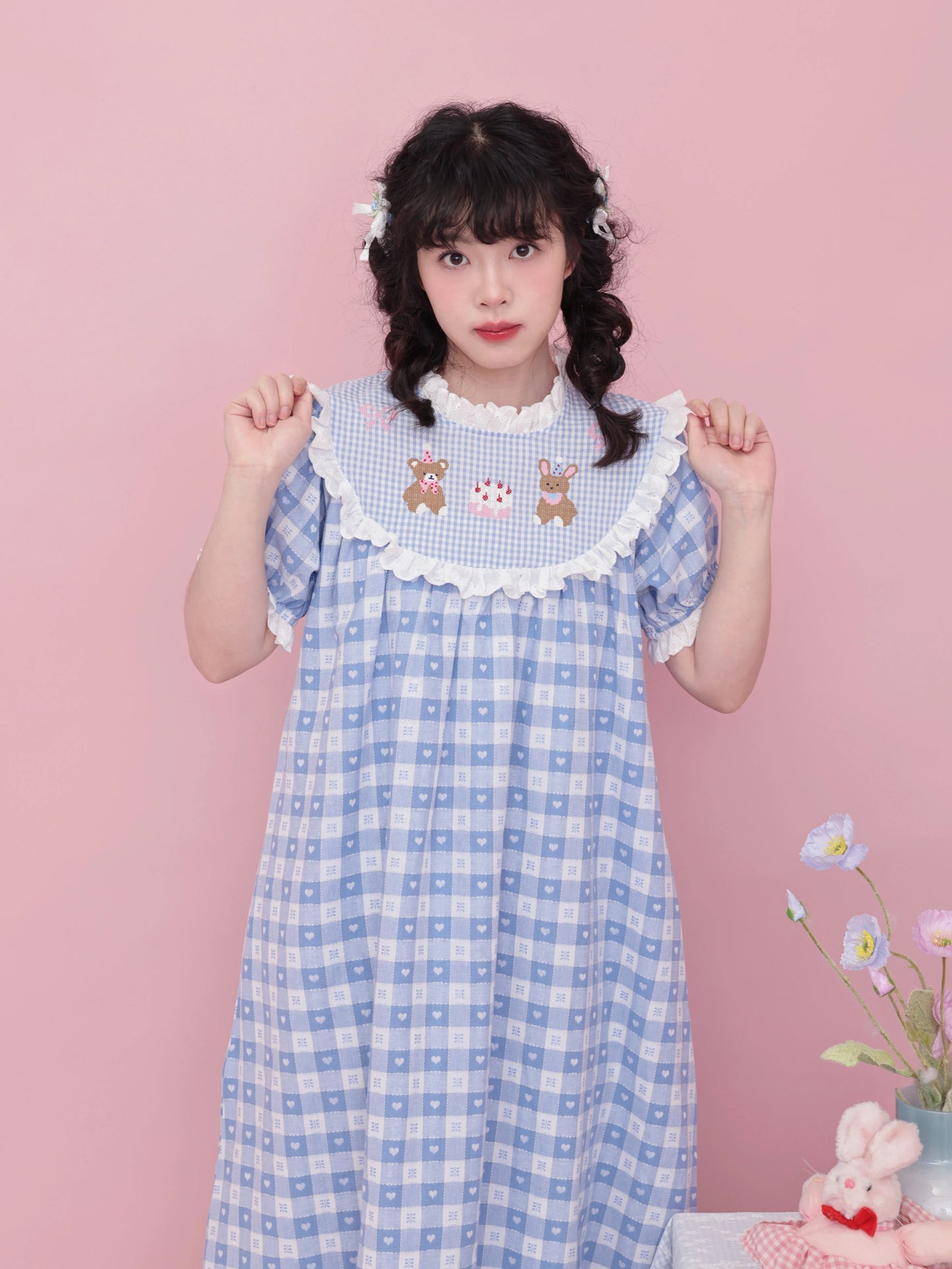 SemenCoicis Vintage Puff Sleeve Dress | Kawaii Embroidered Jacquard Check Dress dress SemenCoicis