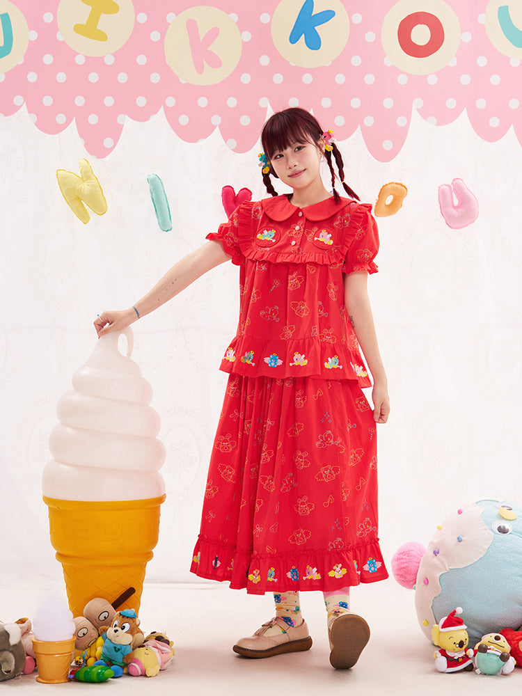 NIKKOU Cute Japanese Doll Collar Blouse | Harajuku Heavy Embroidery Red Shirt blouse Nikkou home