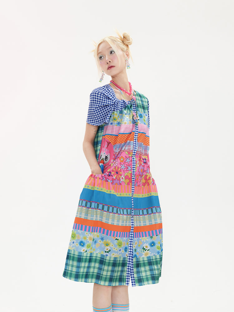 Tntntutu Colorblock Dress | Floral and Checkered Print Dress | Bunny Applique Dress dress tntntutu