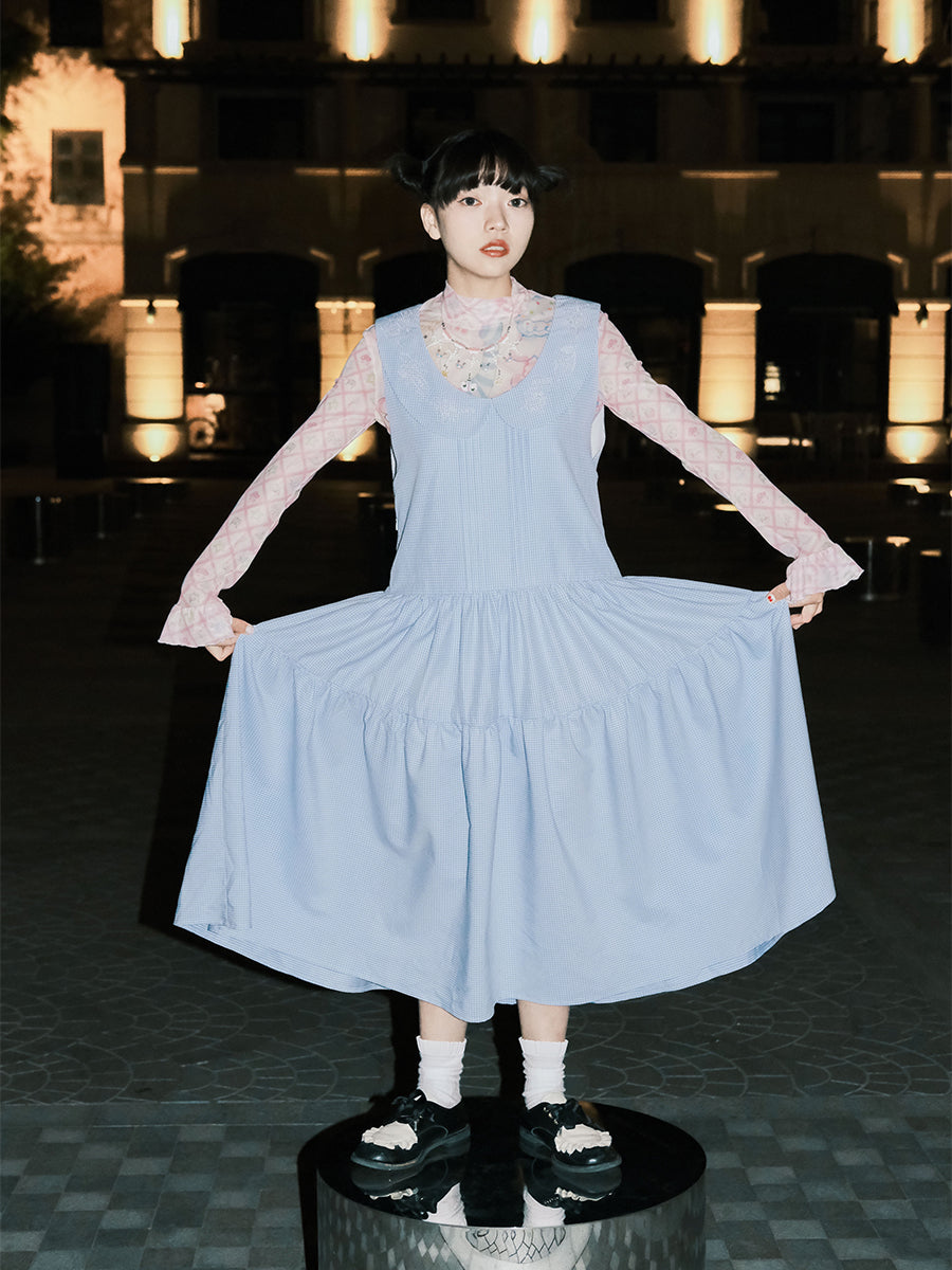 Meugler Animal Paradise Comic Embroidered Blue Plaid Low Waist Doll Collar Vintage Vest Dress dress Meugler