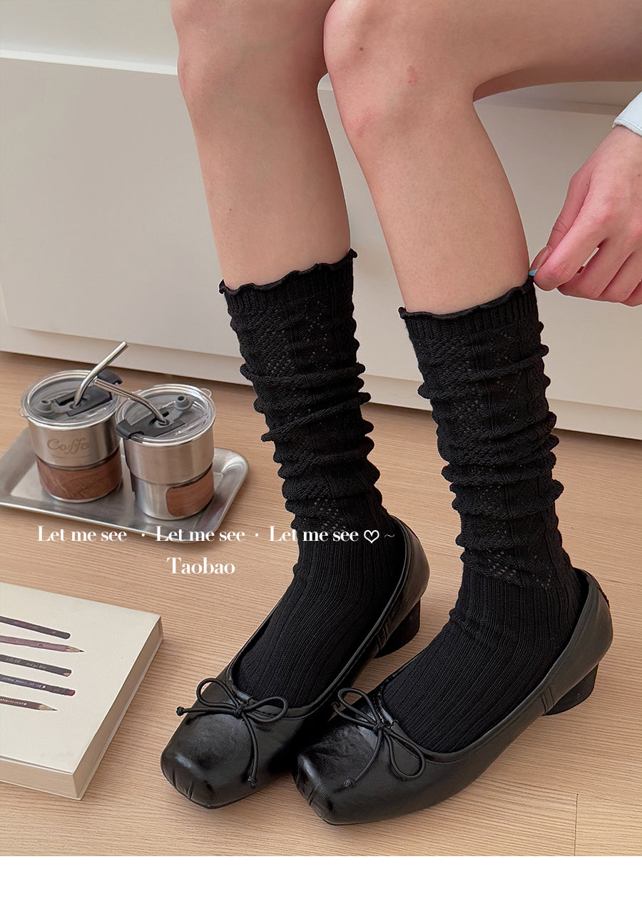 LET ME SEE 古早风镂空针织花边袜 木耳边芭蕾小腿袜女堆堆针织袜 sock let me see