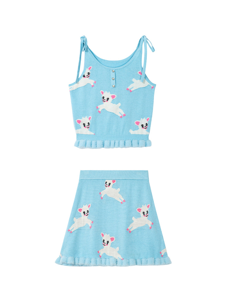 Tntntutu Knitted Set Blue Lamb Illustration Knitted Set Furry Flared Skirt Cozy Top set tntntutu