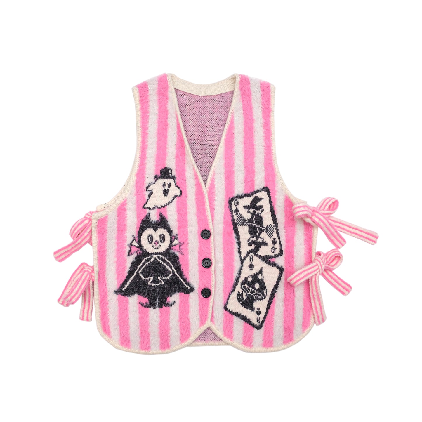 Harajuku Vest Poker Pattern Vest Pink-White Stripes Knitted Vest Dracula Ghost Pattern Vest vest Meugler