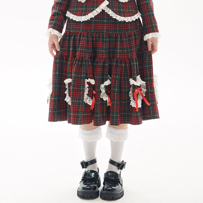 SOS MEME CLUB - Showa Retro Christmas Red Lace Trim Skirt skirt SOS MEME CLUB