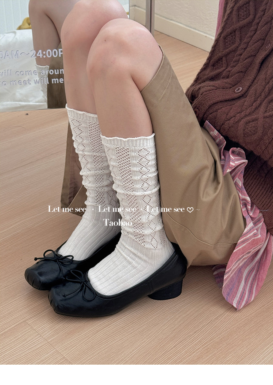 LET ME SEE 古早风镂空针织花边袜 木耳边芭蕾小腿袜女堆堆针织袜 sock let me see