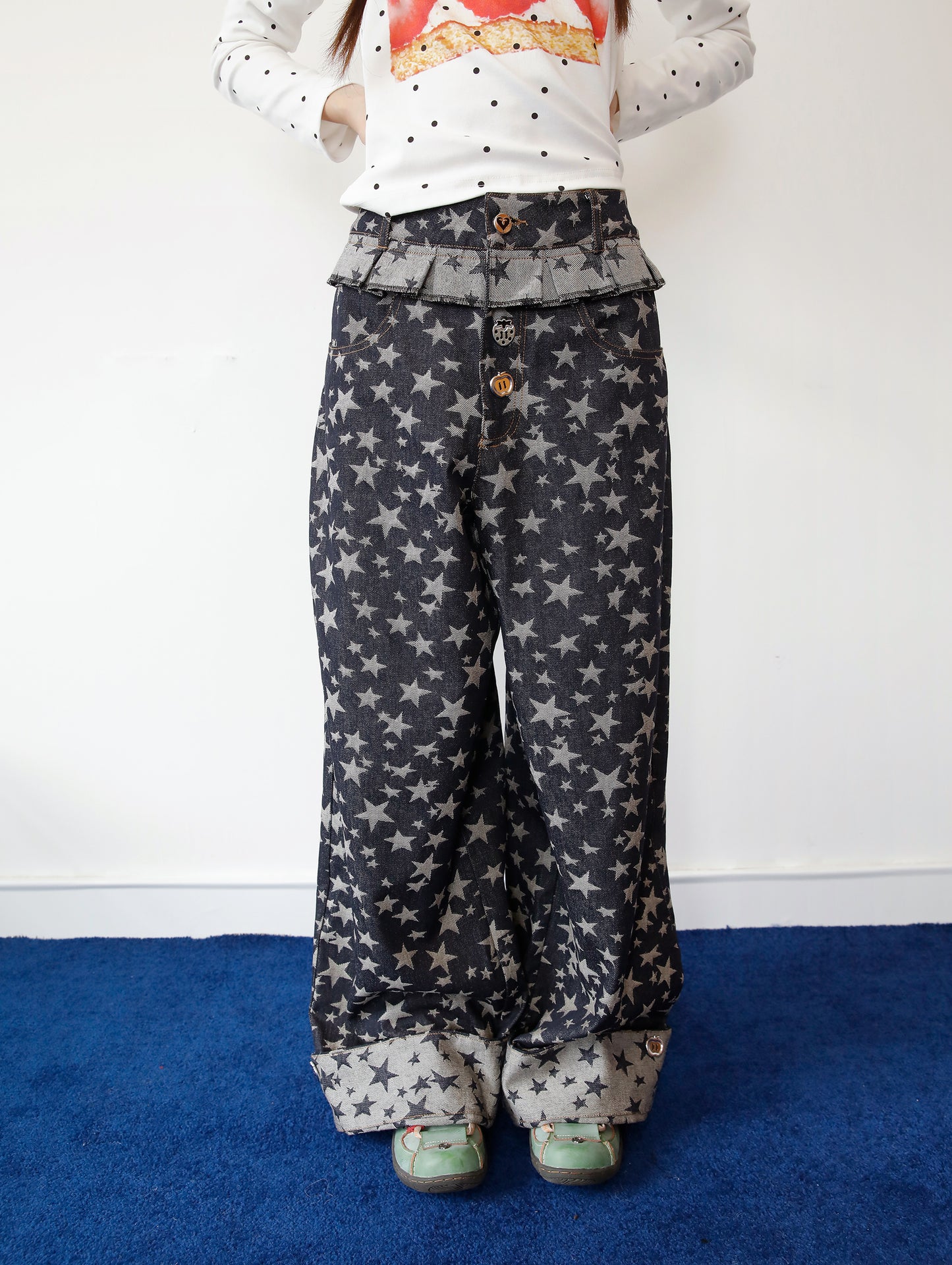 FRUITS - Kawaii Star Jacquard Denim Wide Leg Pants pants Fruits