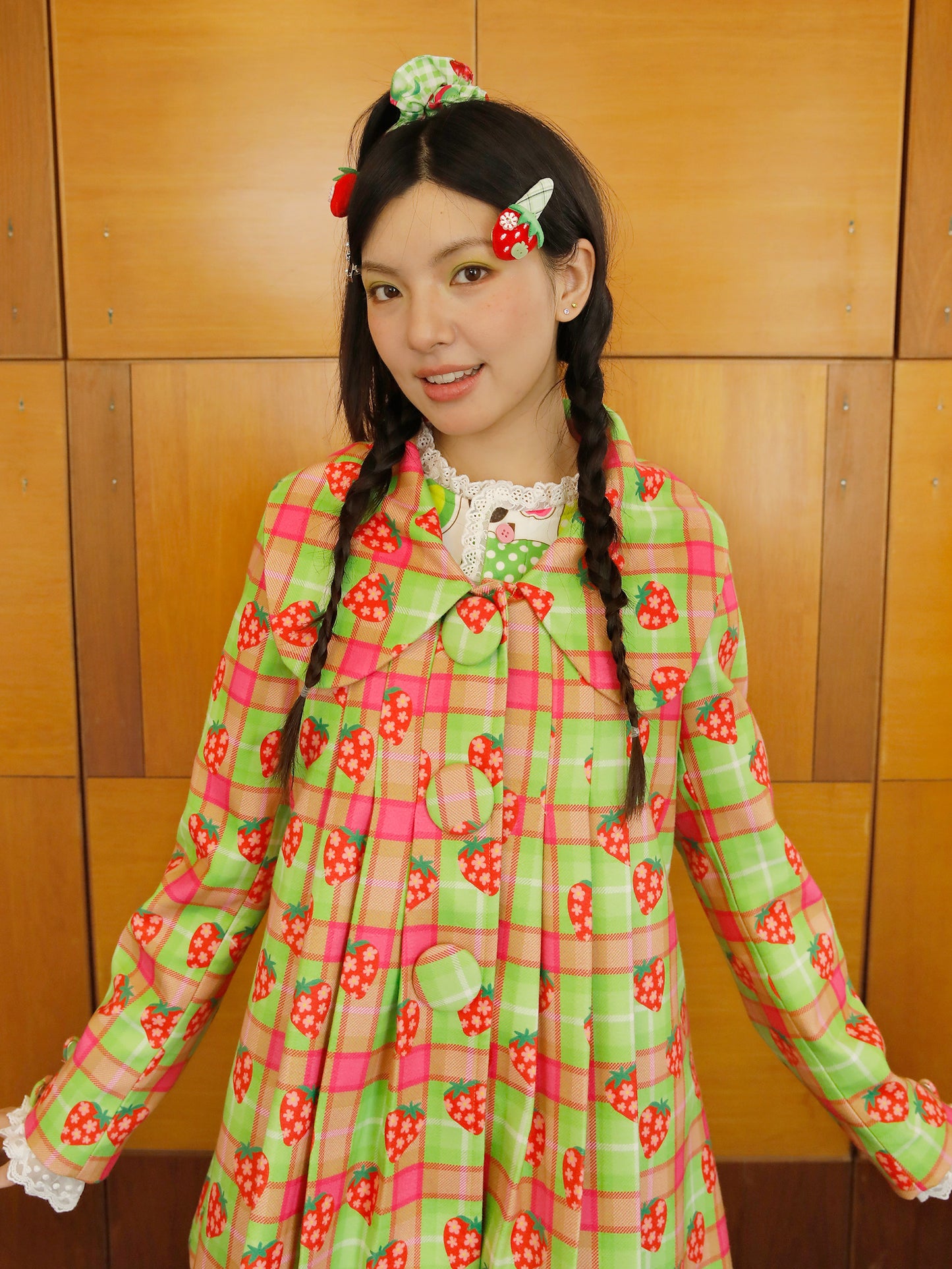 FRUITS - Kawaii Strawberry Plaid Pleated Coat jacket Fruits