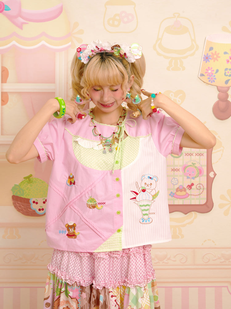 Lutra Jump - Decora Kei Pink Asymmetric Collar Embroidered Shirt shirt Lutra Jump