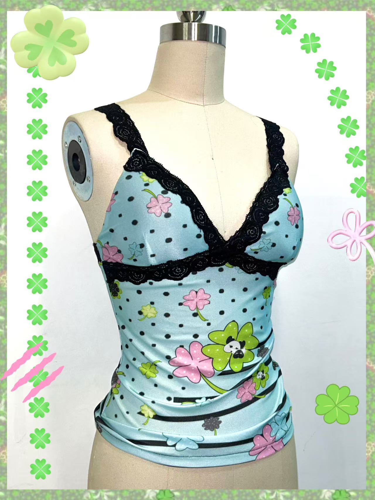 YJM with biubiu Lucky Whisper Clover Lace Camisole tank top YJM with biubiu