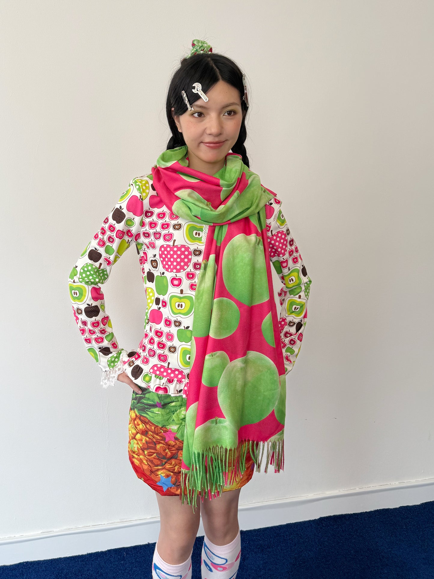 FRUITS - Kawaii Green Apple Print Fringe Scarf scarf Fruits