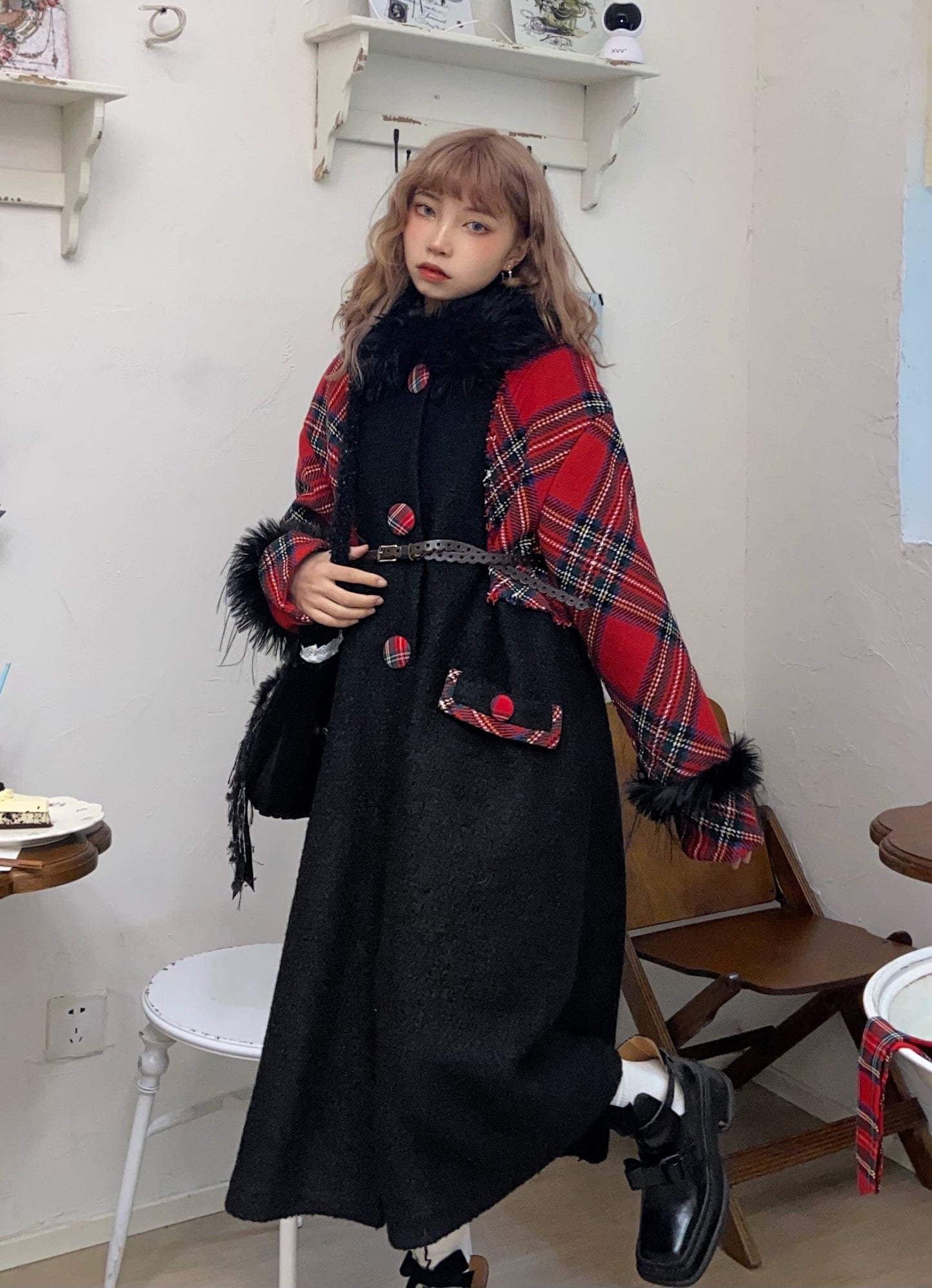 Disorder - Kawaii Black Plaid Wool Blend Mid Coat coat Disorder