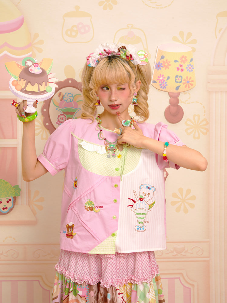 Lutra Jump - Decora Kei Pink Asymmetric Collar Embroidered Shirt shirt Lutra Jump
